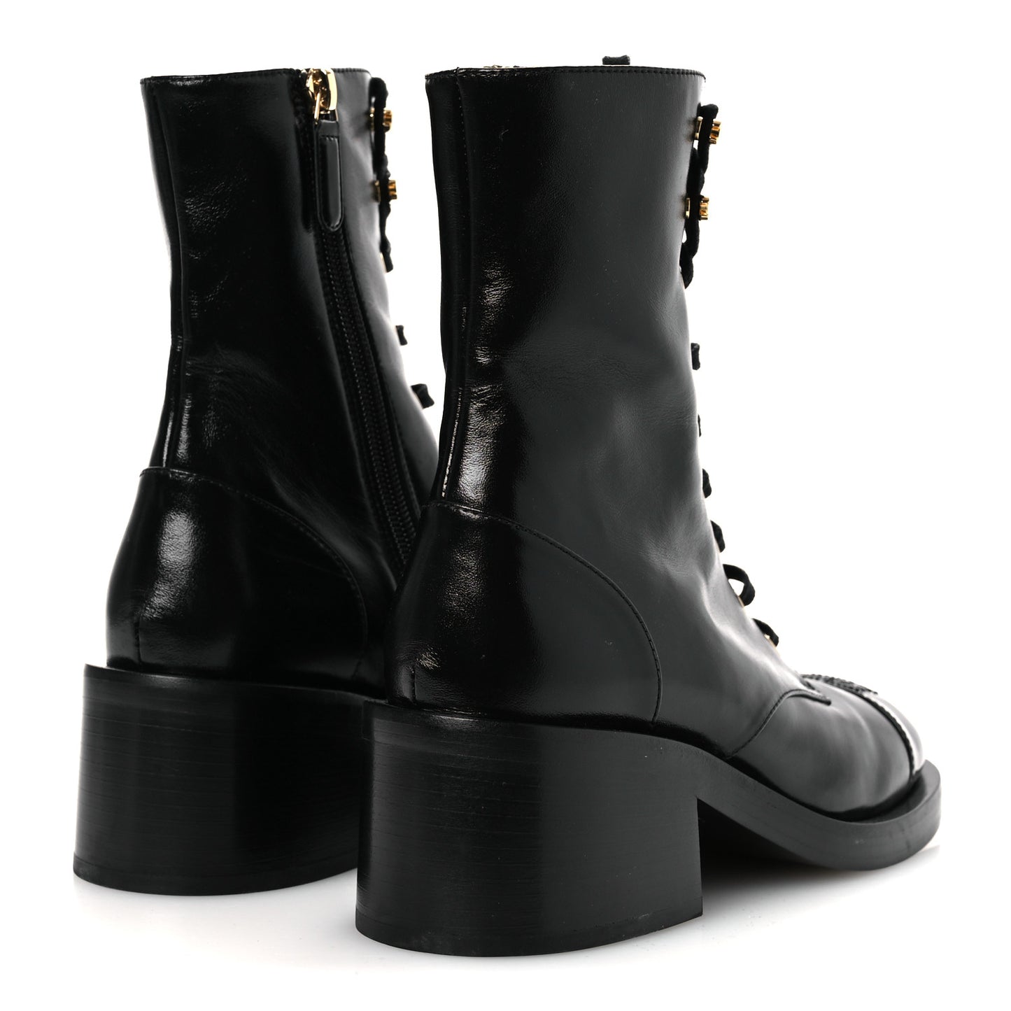 Shiny Calfskin Patent Cap Toe Lace Up Combat Boots 36.5 Black