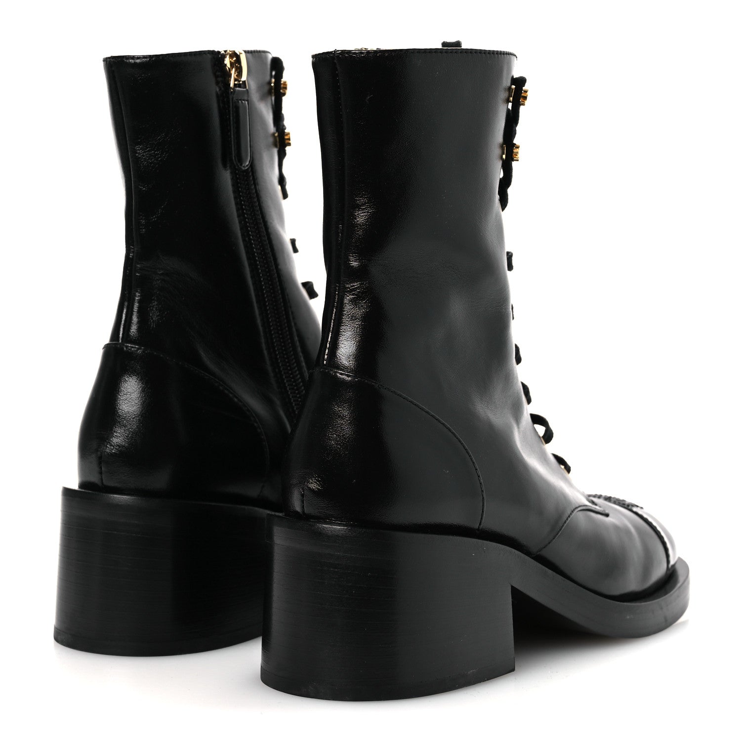 Chanel Shiny Calfskin Patent Cap Toe Lace Up Combat Boots 36.5 Black 5 of 10