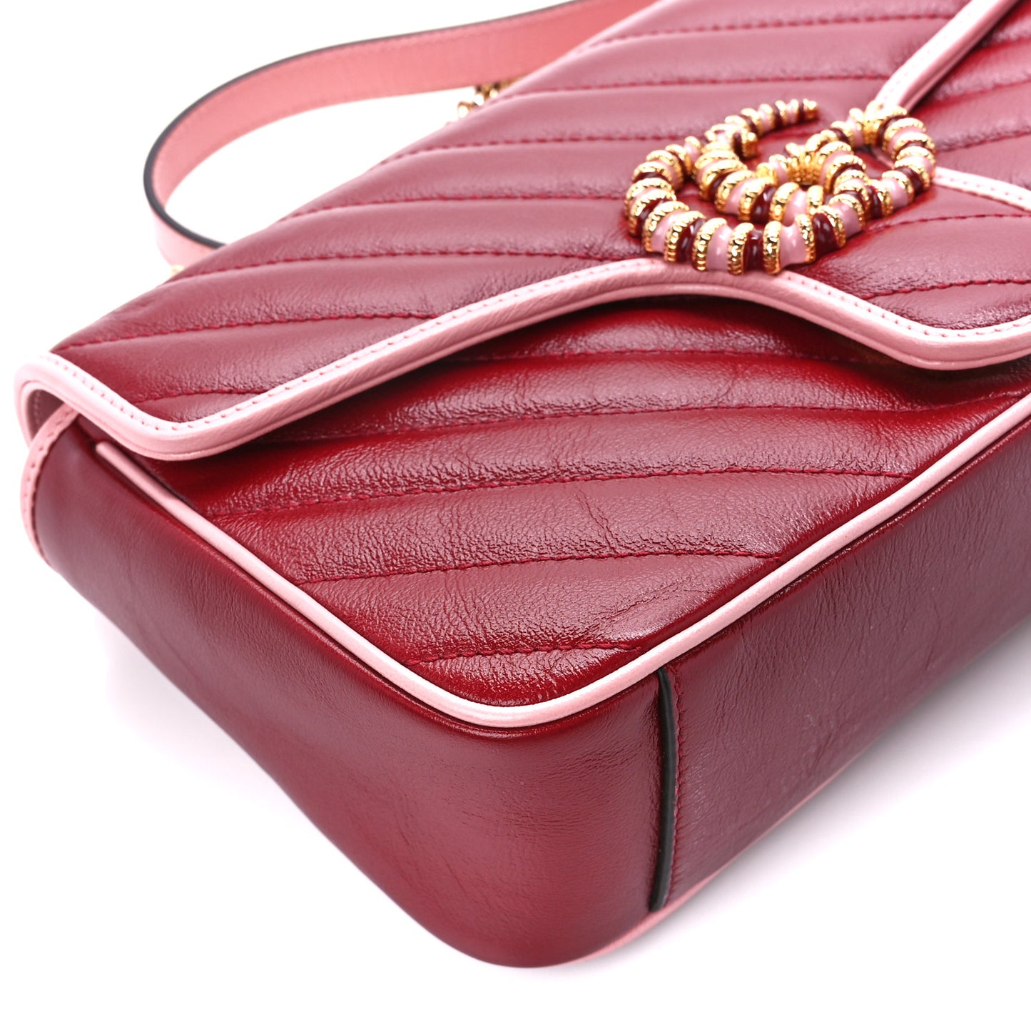 Azalea Calfskin Enamel Matelasse Diagonal Small Torchon GG Marmont Shoulder Bag New Cherry Red Wild Rose