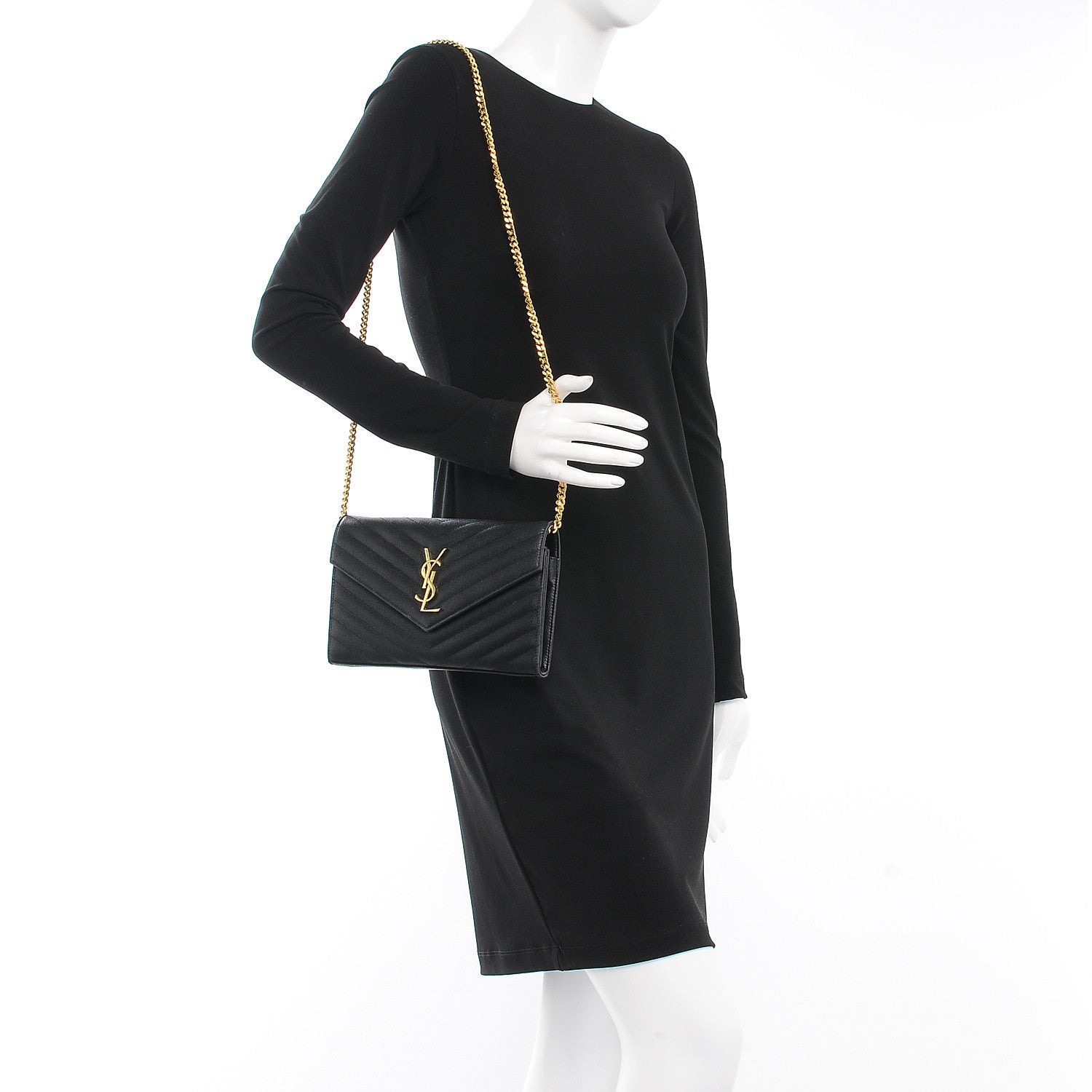 Saint Laurent Grain De Poudre Matelasse Chevron Monogram Chain Wallet Black 2 of 13