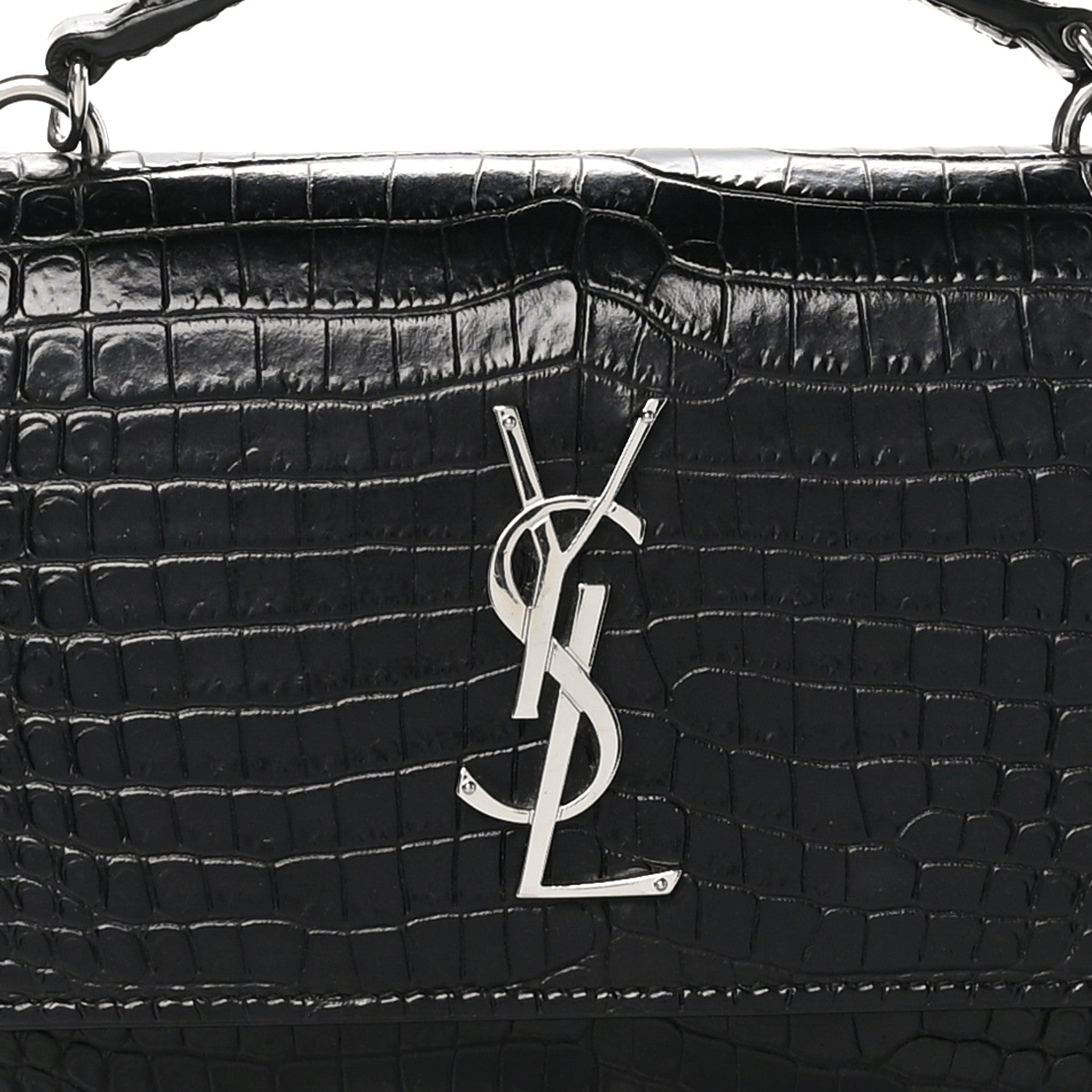 Saint Laurent Calfskin Crocodile Embossed Monogram Sunset Top Handle Chain Wallet Black 7 of 9