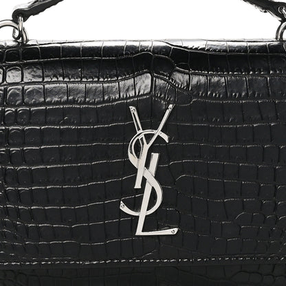 Saint Laurent Calfskin Crocodile Embossed Monogram Sunset Top Handle Chain Wallet Black 7 of 9