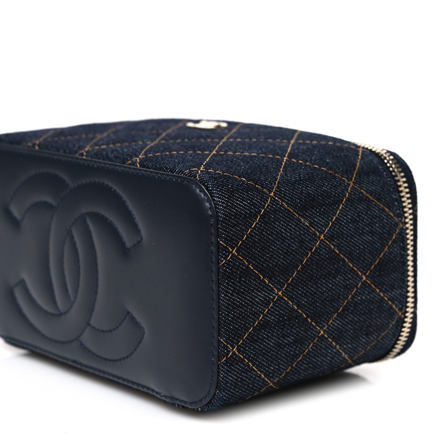 Denim Quilted Small Vanity Case With Chain Dark Blue Orange