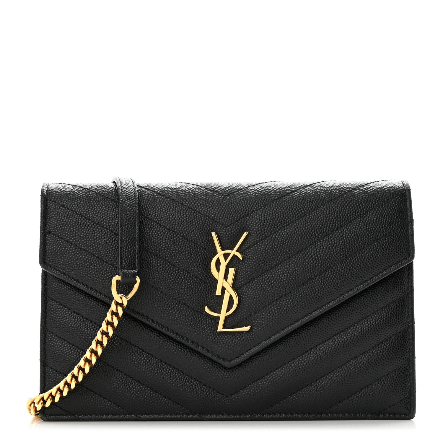 Saint Laurent Grain De Poudre Matelasse Chevron Monogram Envelope Chain Wallet Black 1 of 14