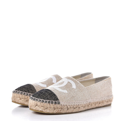 Chanel Linen Sequin CC Espadrilles 38 Beige Black 3 of 10