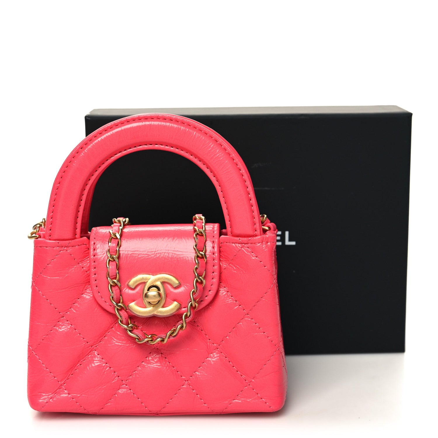 Chanel Shiny Aged Calfskin Quilted Mini Nano Kelly Shopper Dark Pink 11 of 11