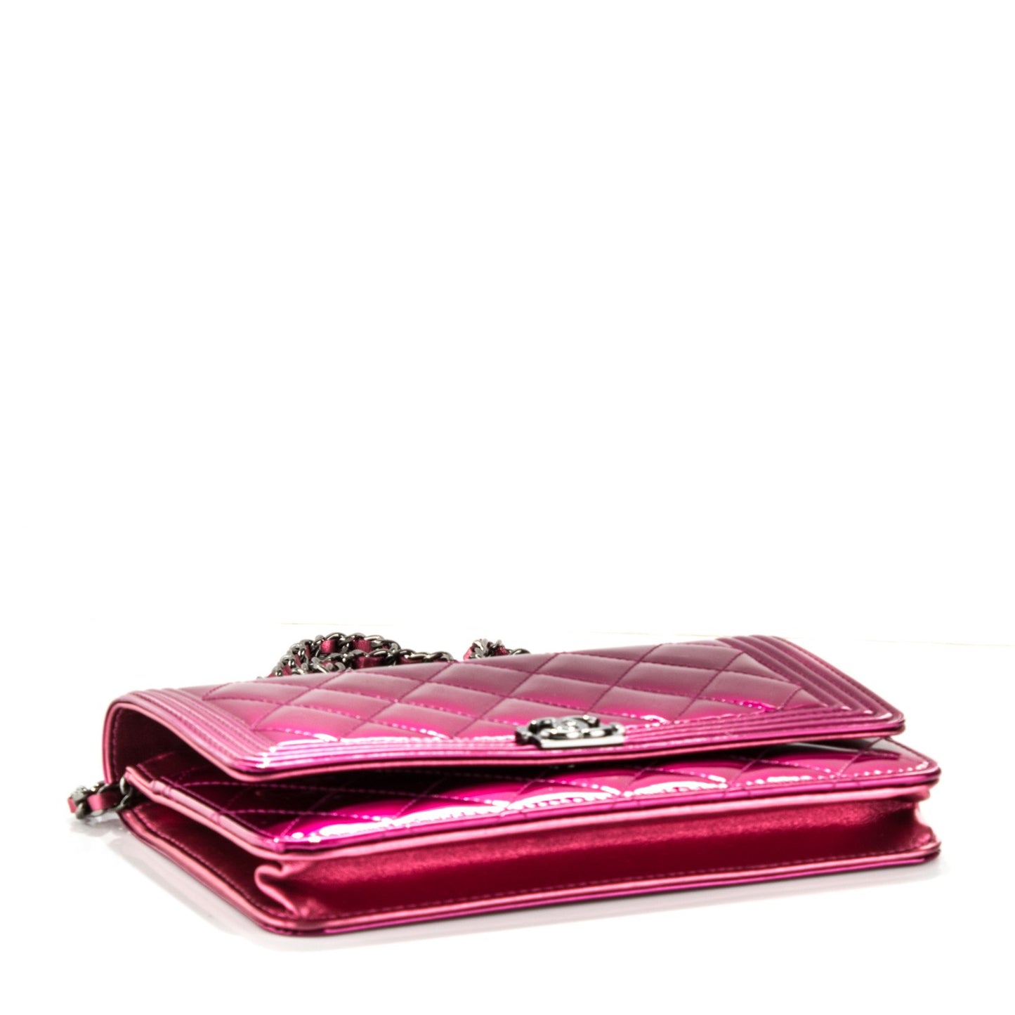 Metallic Patent Calfskin Quilted Boy Wallet On Chain WOC Fuchsia