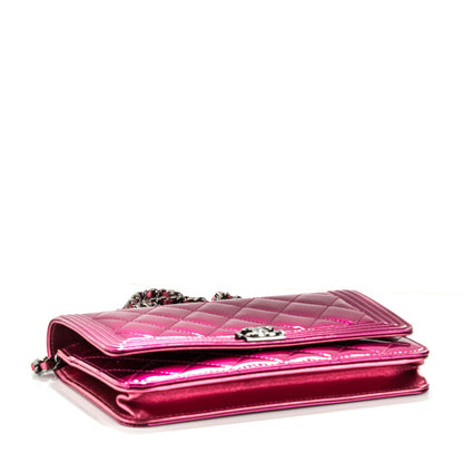 Chanel Metallic Patent Calfskin Quilted Boy Wallet On Chain WOC Fuchsia 4 of 8