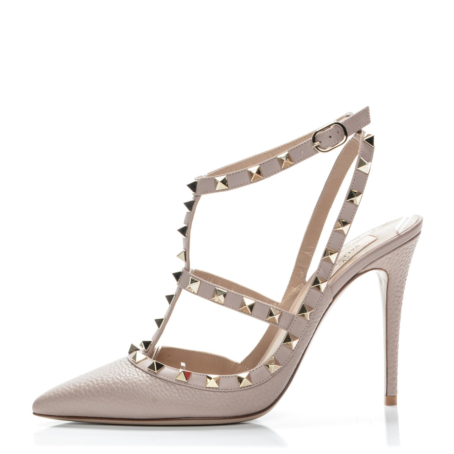 Pebbled Calfskin Rockstud Ankle Strap Pumps 39.5 Poudre