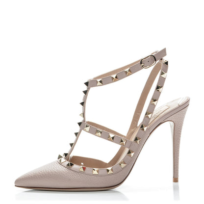 Valentino Garavani Pebbled Calfskin Rockstud Ankle Strap Pumps 39.5 Poudre 1 of 8