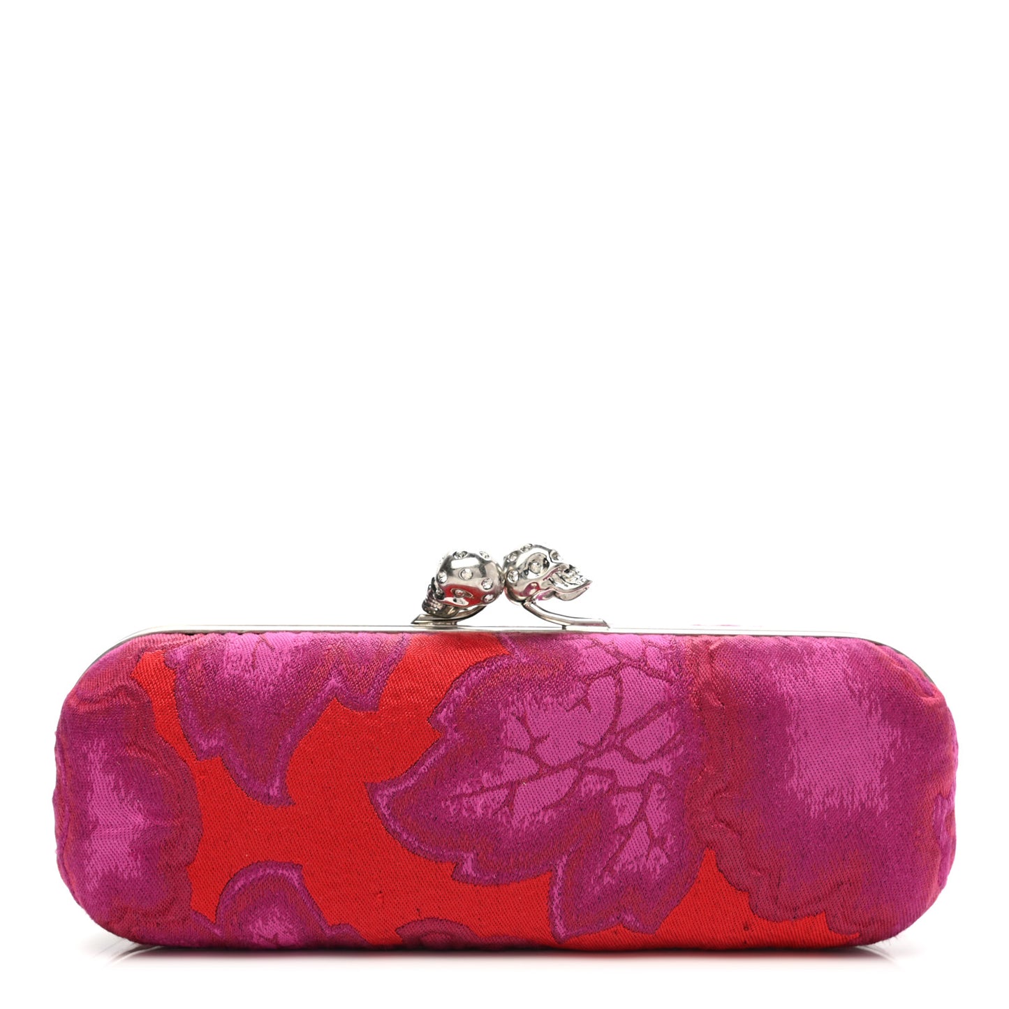 Silk Brocade Twin Skull Box Clutch Fuchsia Red