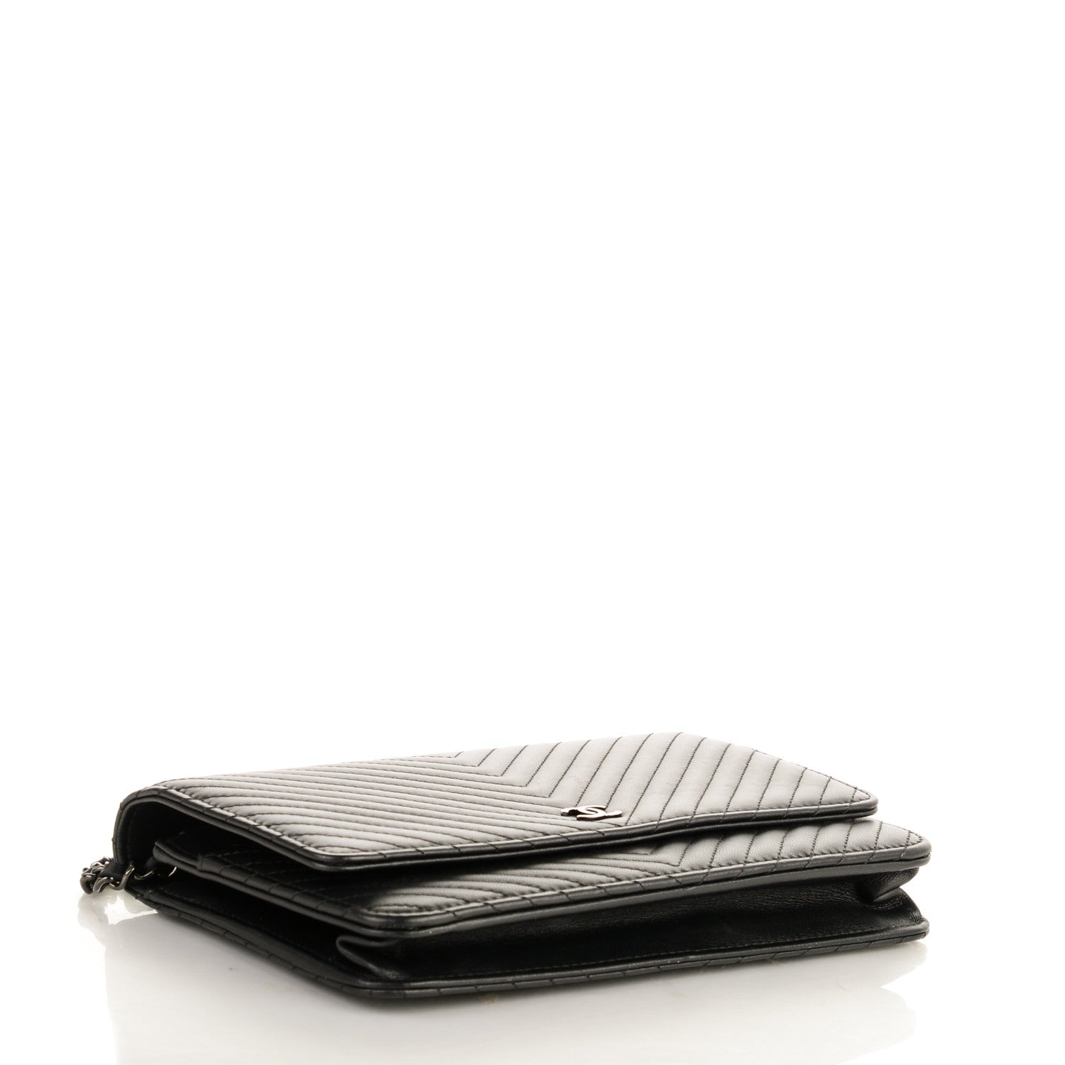 Chanel Calfskin Chevron Wallet On Chain WOC So Black 4 of 16