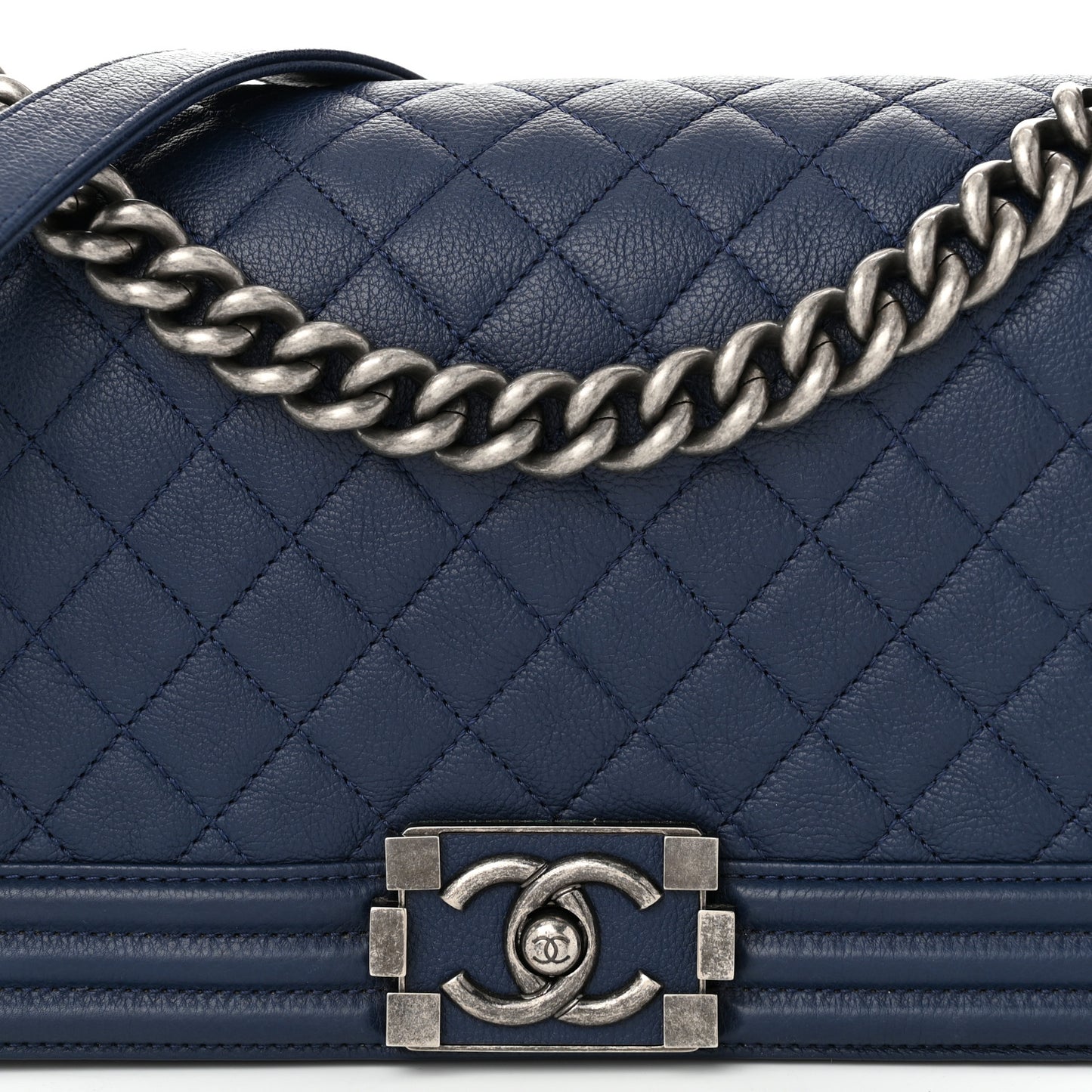 Grained Calfskin Quilted Medium Boy Flap Navy
