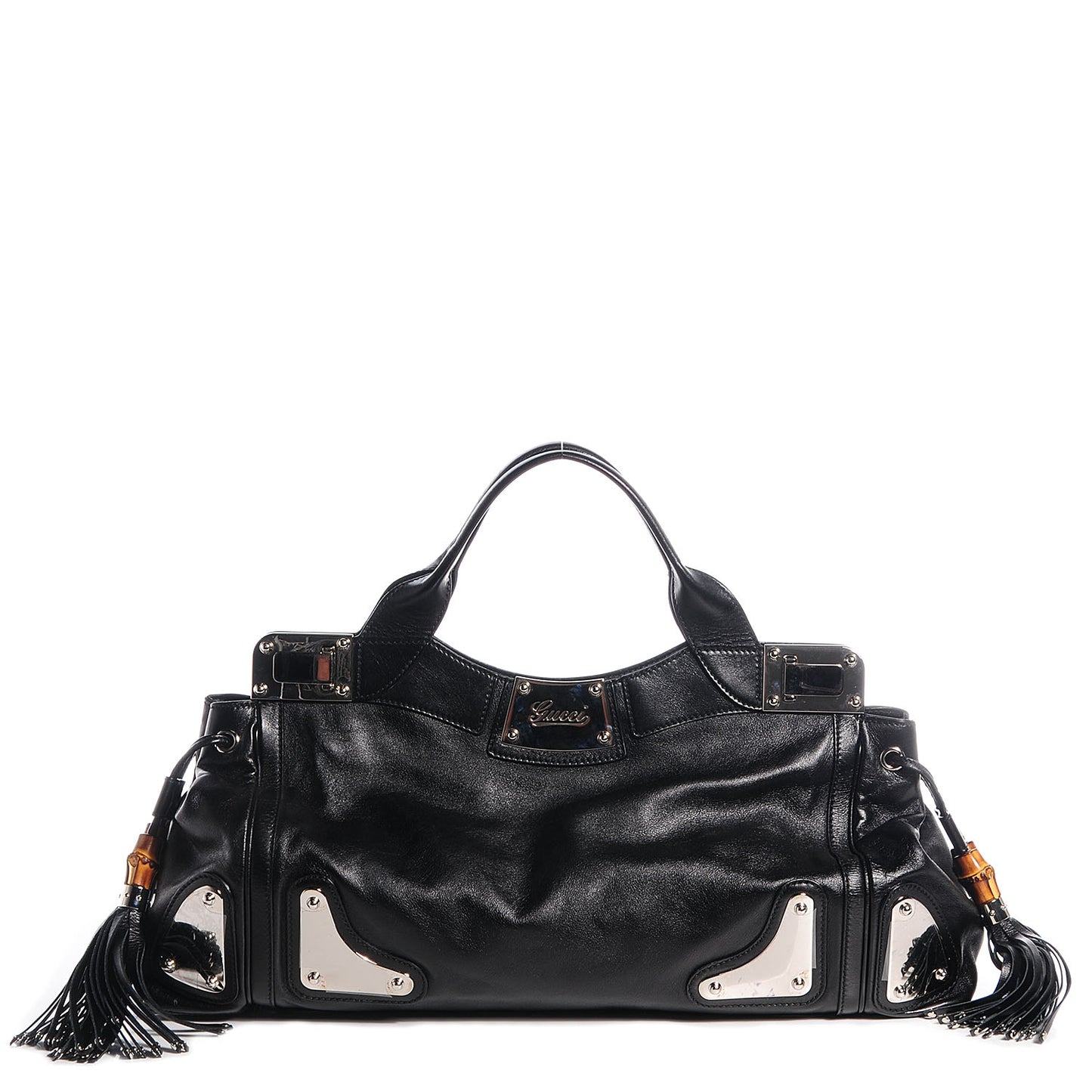 Leather Medium Race Bamboo Top Handle Bag Black