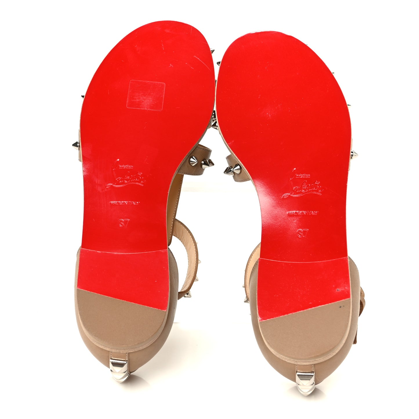 Calfskin Loubiclou Studded Cage Flat Sandals 37 Beige