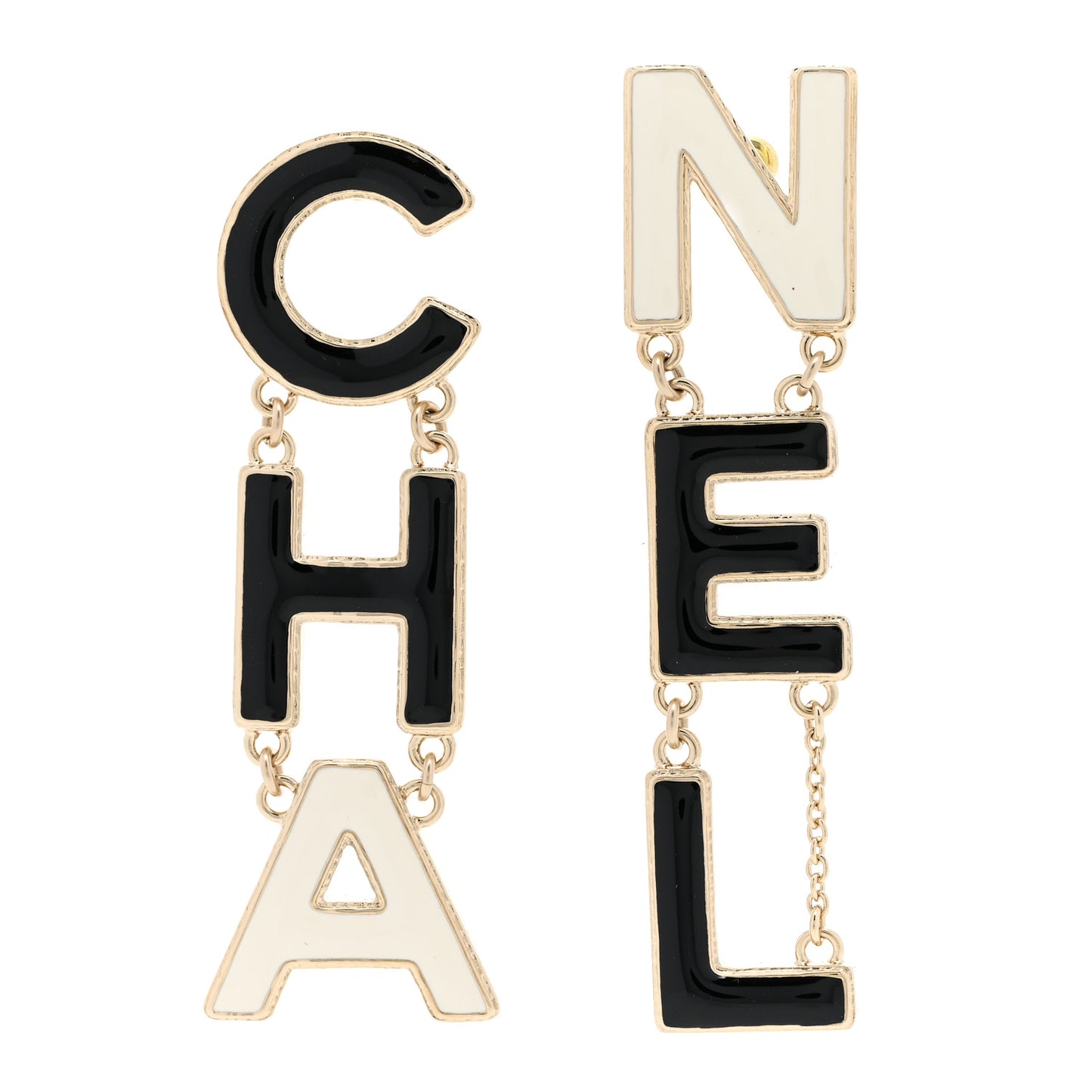 Metal Enamel Cha-Nel Logo Drop Earrings Black White