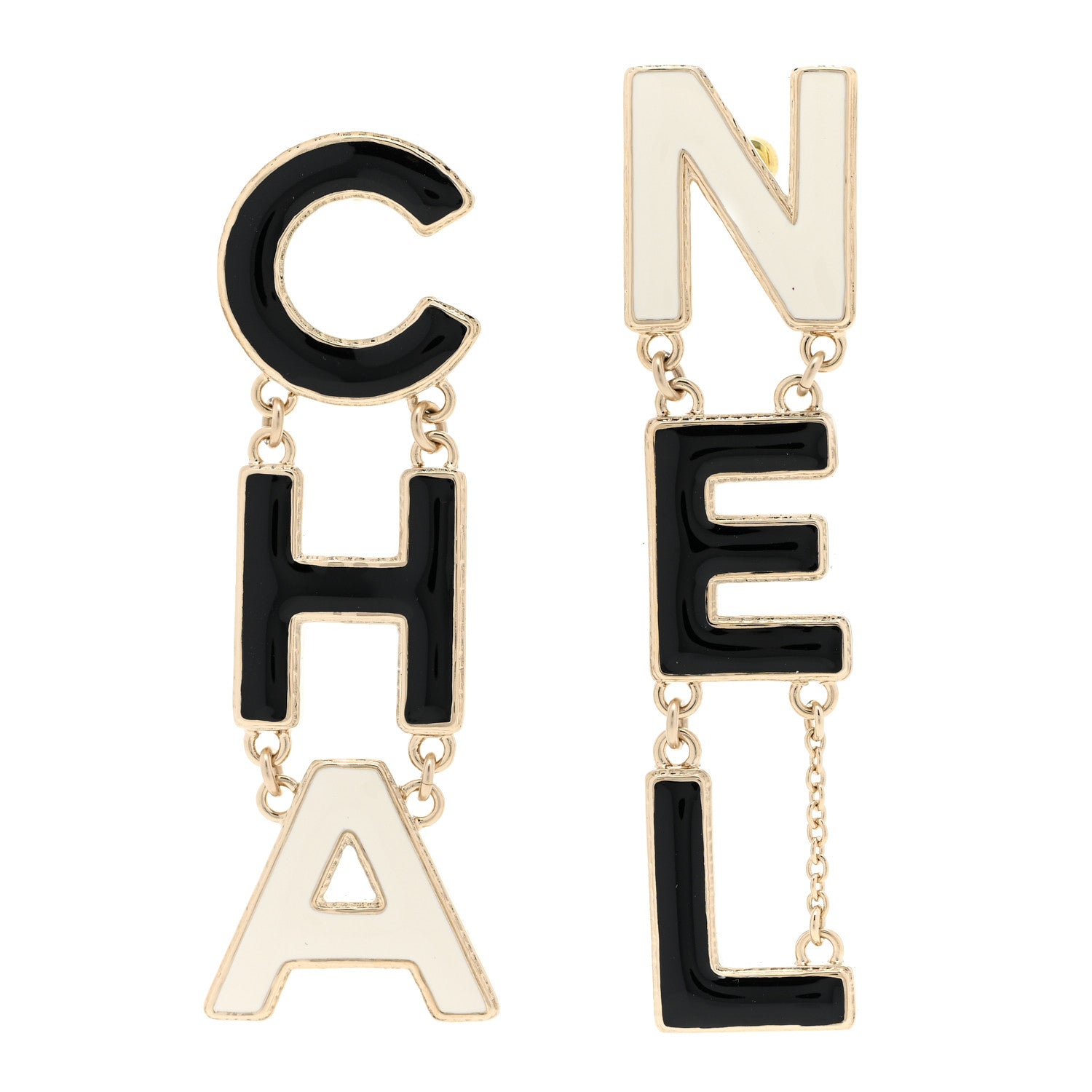 Chanel Metal Enamel Cha-Nel Logo Drop Earrings Black White 1 of 5