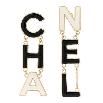 Chanel Metal Enamel Cha-Nel Logo Drop Earrings Black White 1 of 5