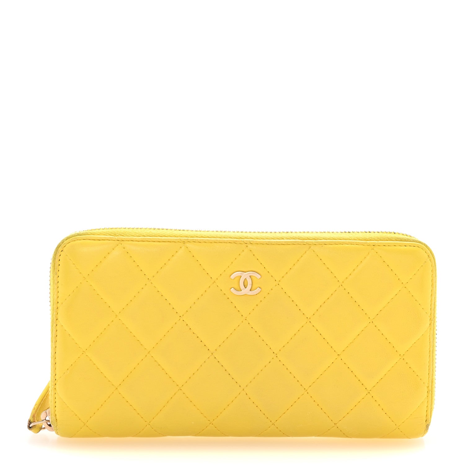 Chanel Lambskin Quilted Large Gusset Zip Around Wallet Yellow 1 of 9
