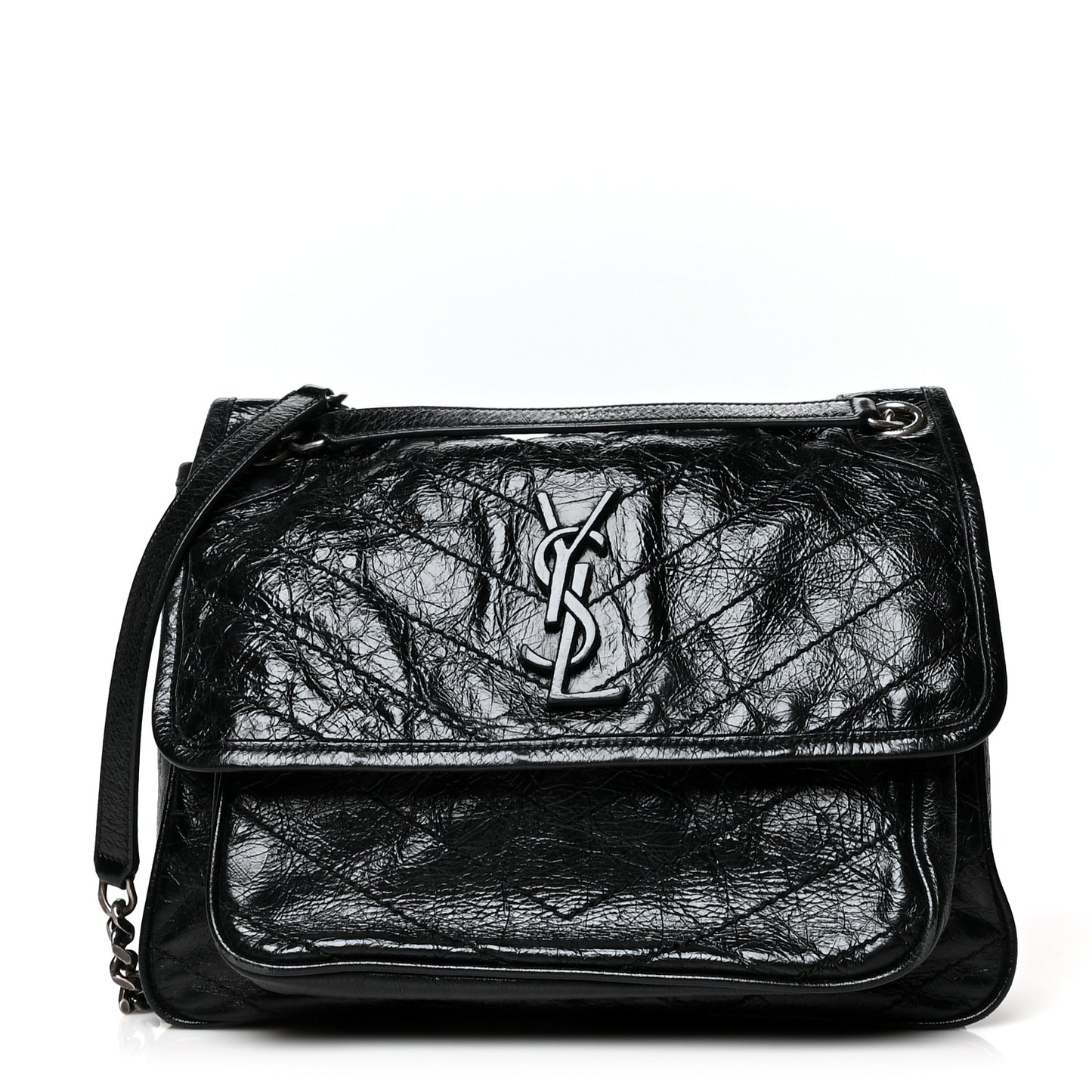 Crinkled Calfskin Matelasse Monogram Medium Niki Chain Satchel Black