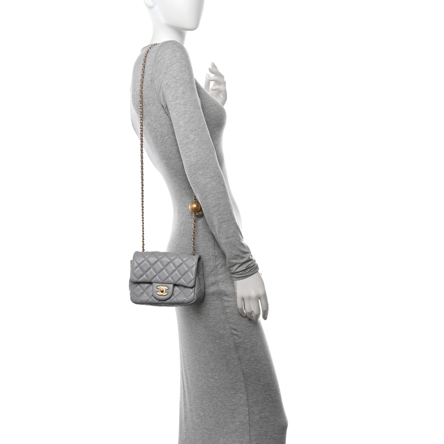 Lambskin Quilted Mini Pearl Crush Flap Light Grey
