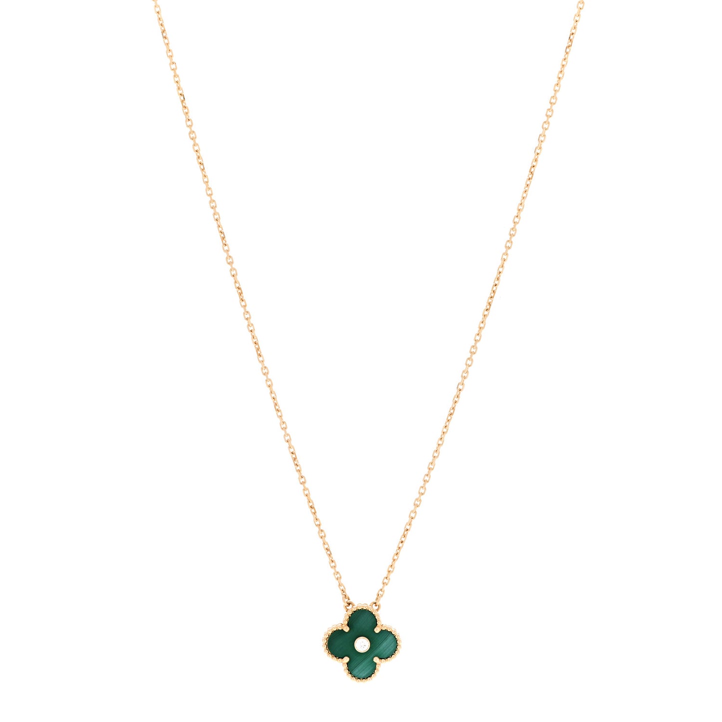 18K Yellow Gold Diamond Malachite Vintage Alhambra Pendant Necklace