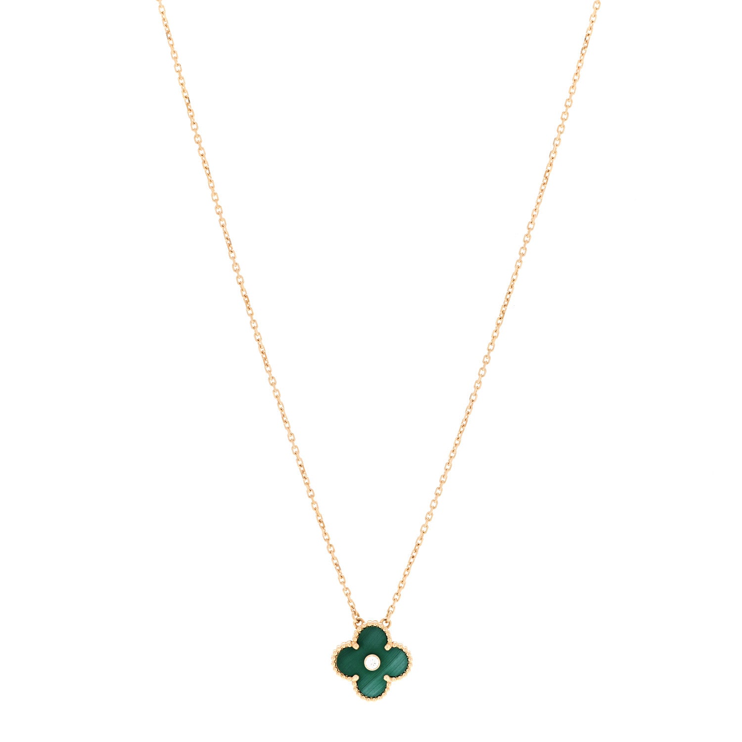Van Cleef & Arpels 18K Yellow Gold Diamond Malachite Vintage Alhambra Pendant Necklace 1 of 5