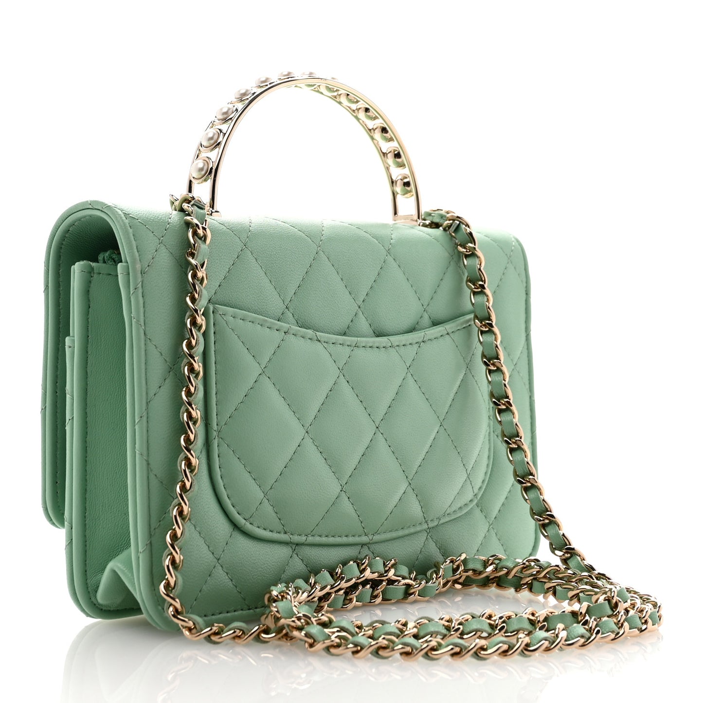 Lambskin Quilted Pearl Top Handle Wallet On Chain WOC Light Green