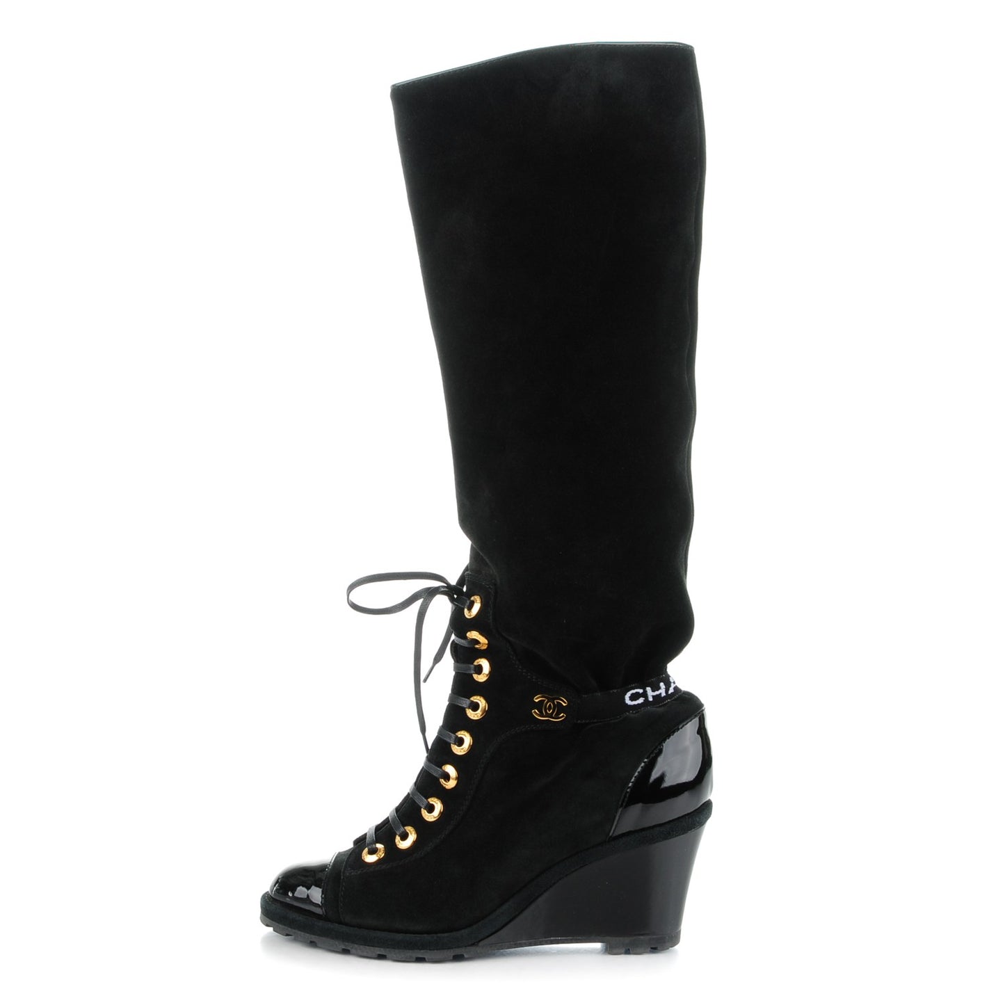 Suede Patent Cap Toe Wedge Boots 40 Black