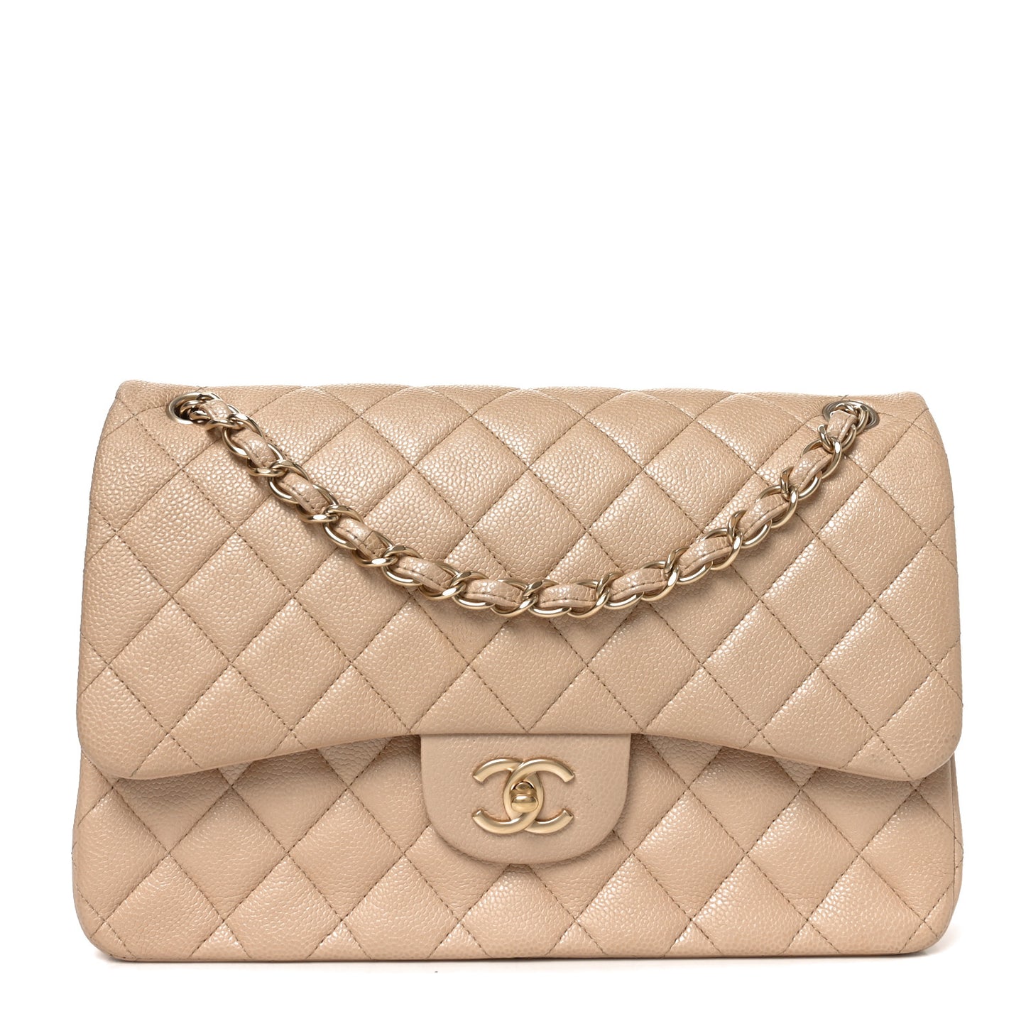 Pearly Caviar Quilted Jumbo Double Flap Beige