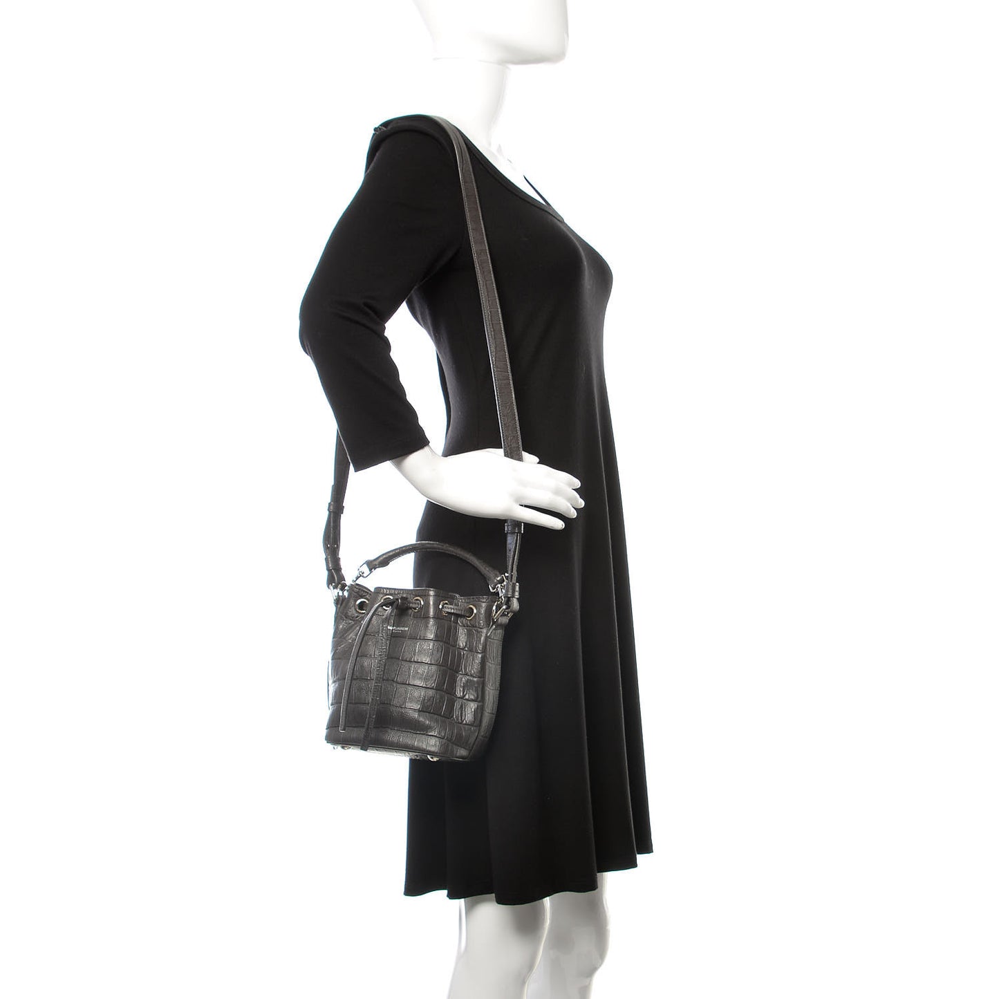 Calfskin Crocodile Embossed Small Emmanuelle Bucket Bag Coal