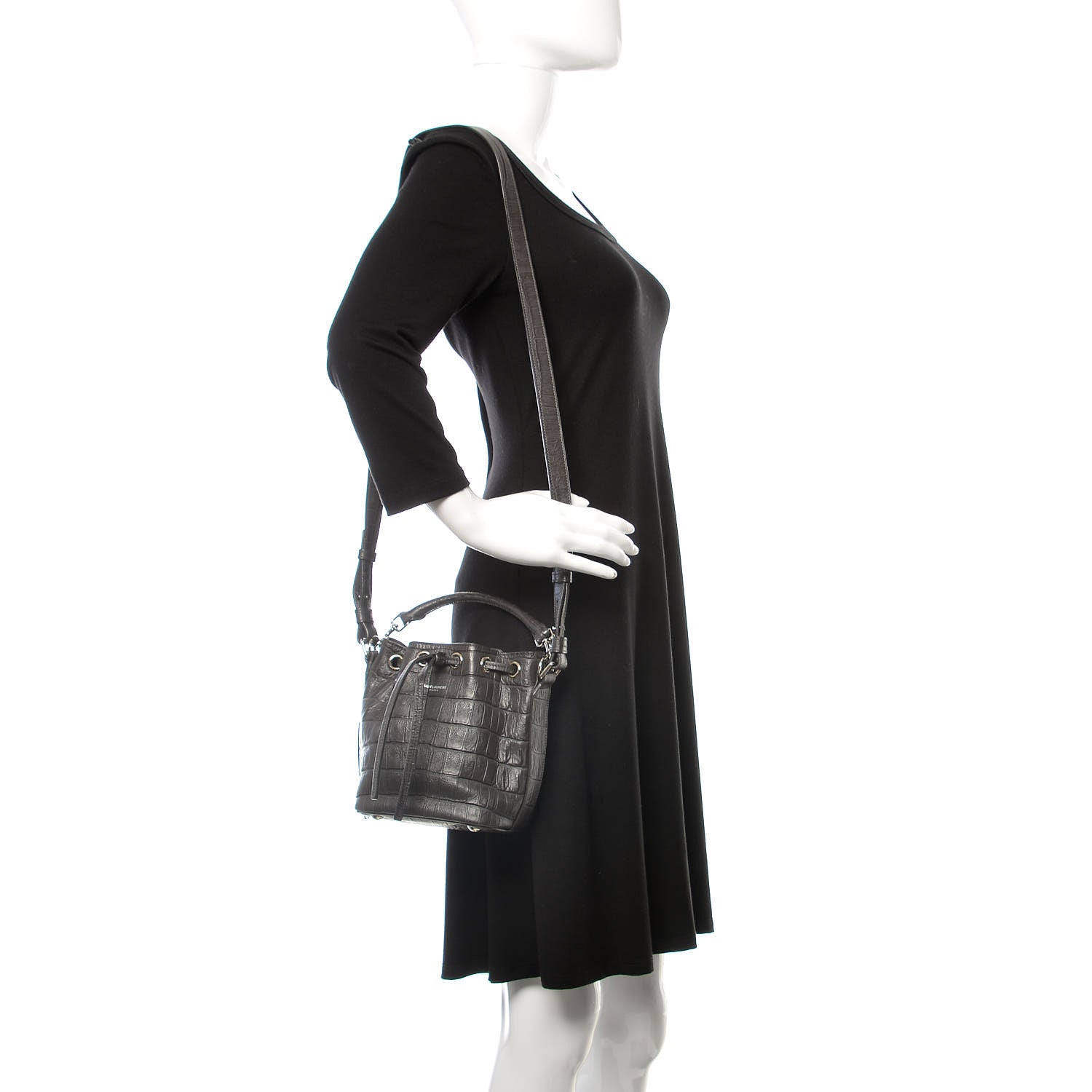 Saint Laurent Calfskin Crocodile Embossed Small Emmanuelle Bucket Bag Coal 2 of 9