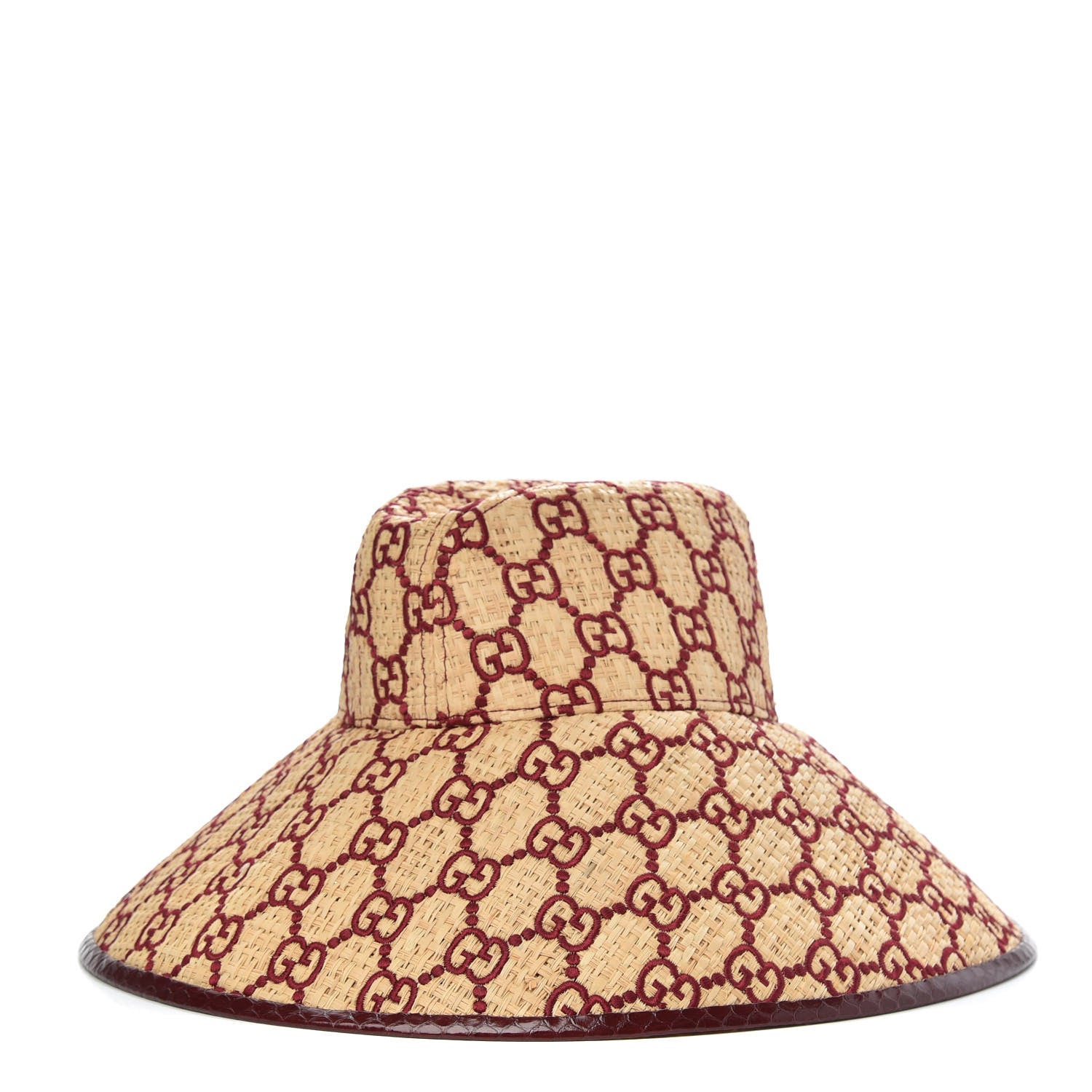 Gucci Raffia Elaphe GG Monogram Embroidered Wide Brim Hat Ivory Bordeaux 1 of 7