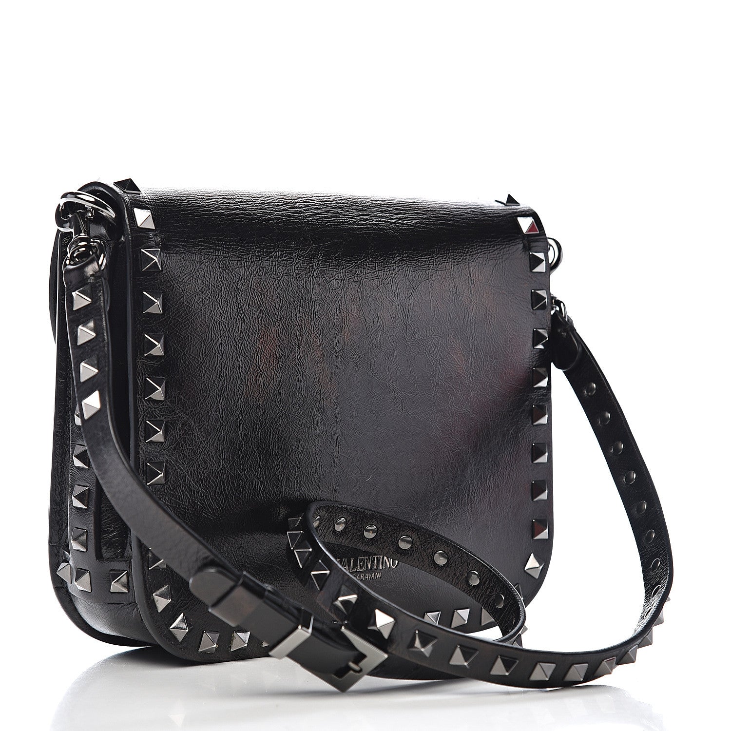 Valentino Garavani Craquele Calfskin Rockstud Shoulder Flap Messenger Bag Black 2 of 14