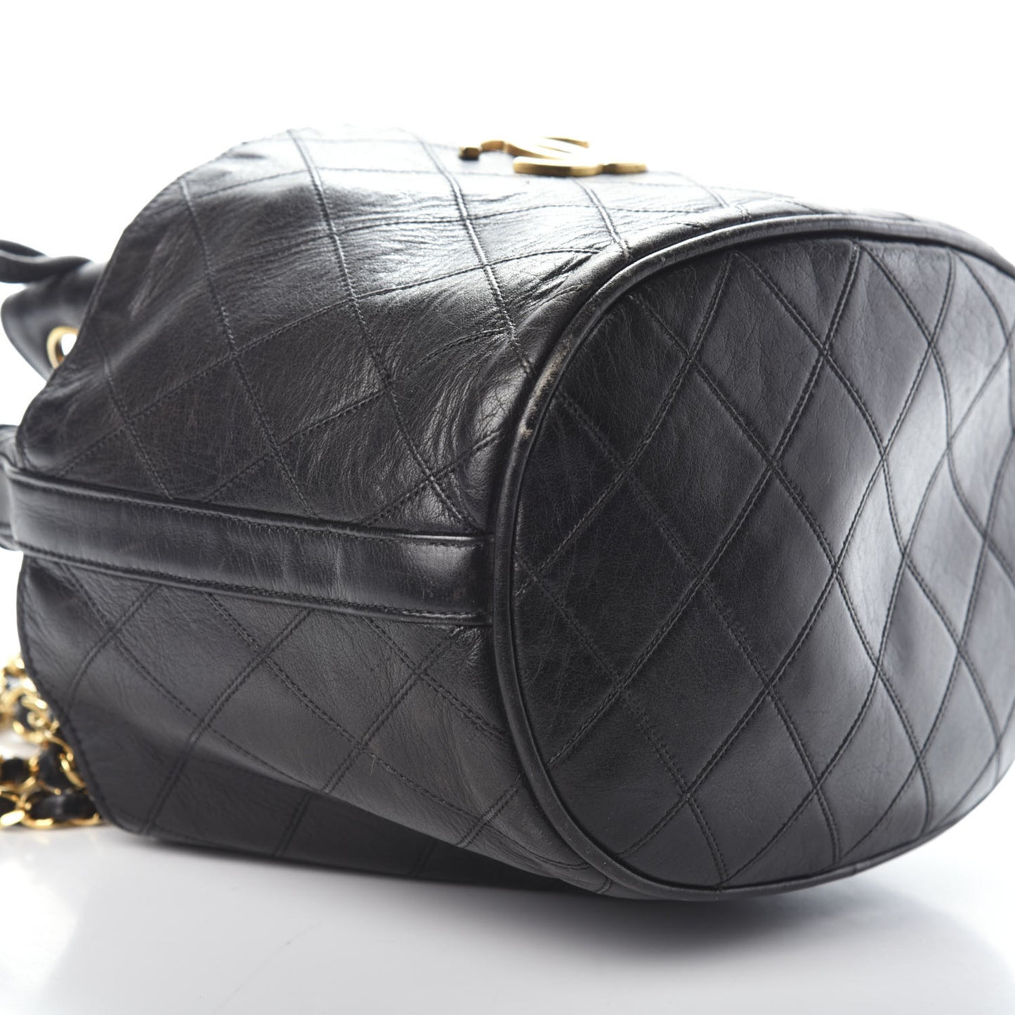 Lambskin Diamond Stitched CC Drawstring Shoulder Bag Black