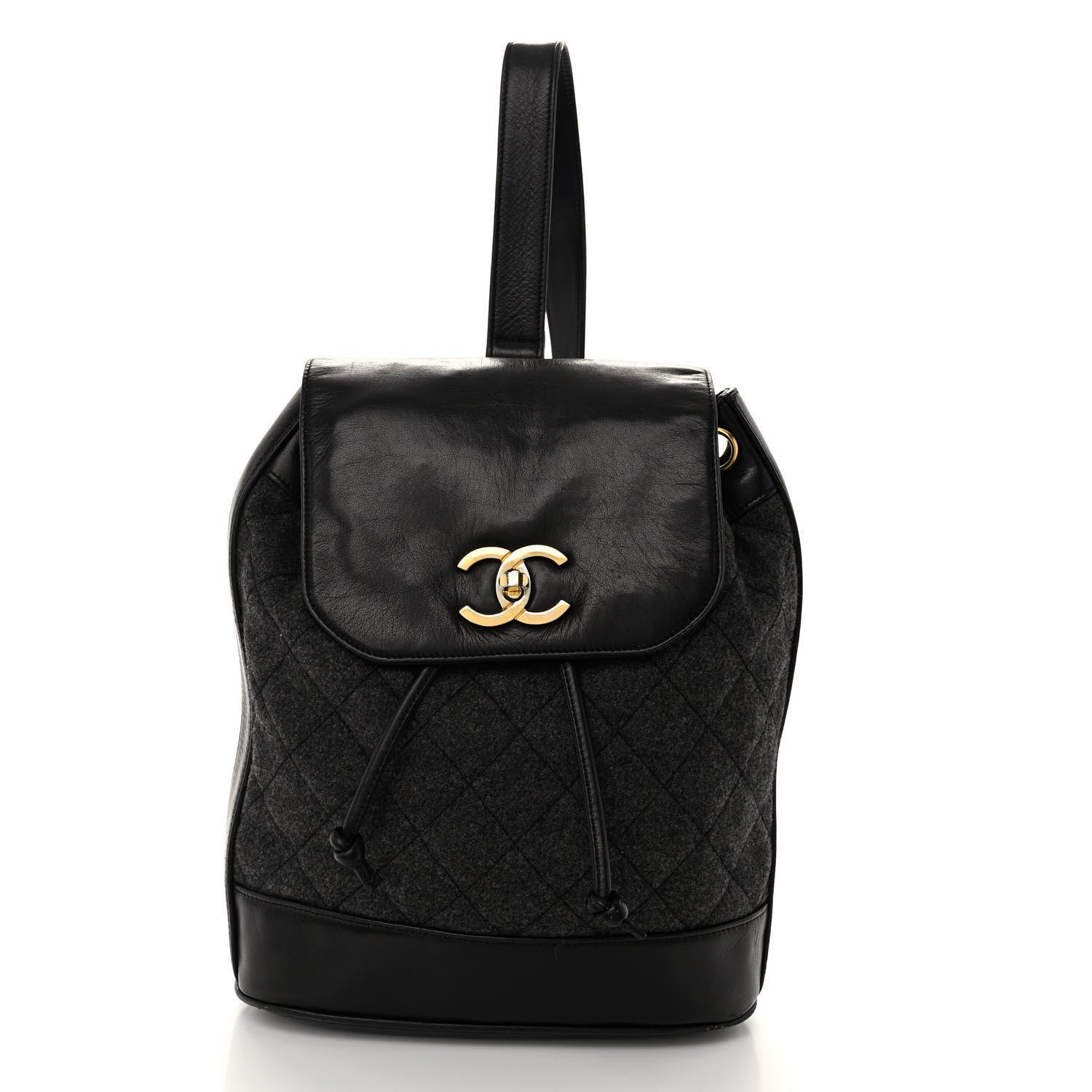 Chanel Lambskin Wool Quilted Drawstring Sling Backpack Black Grey 3 of 10