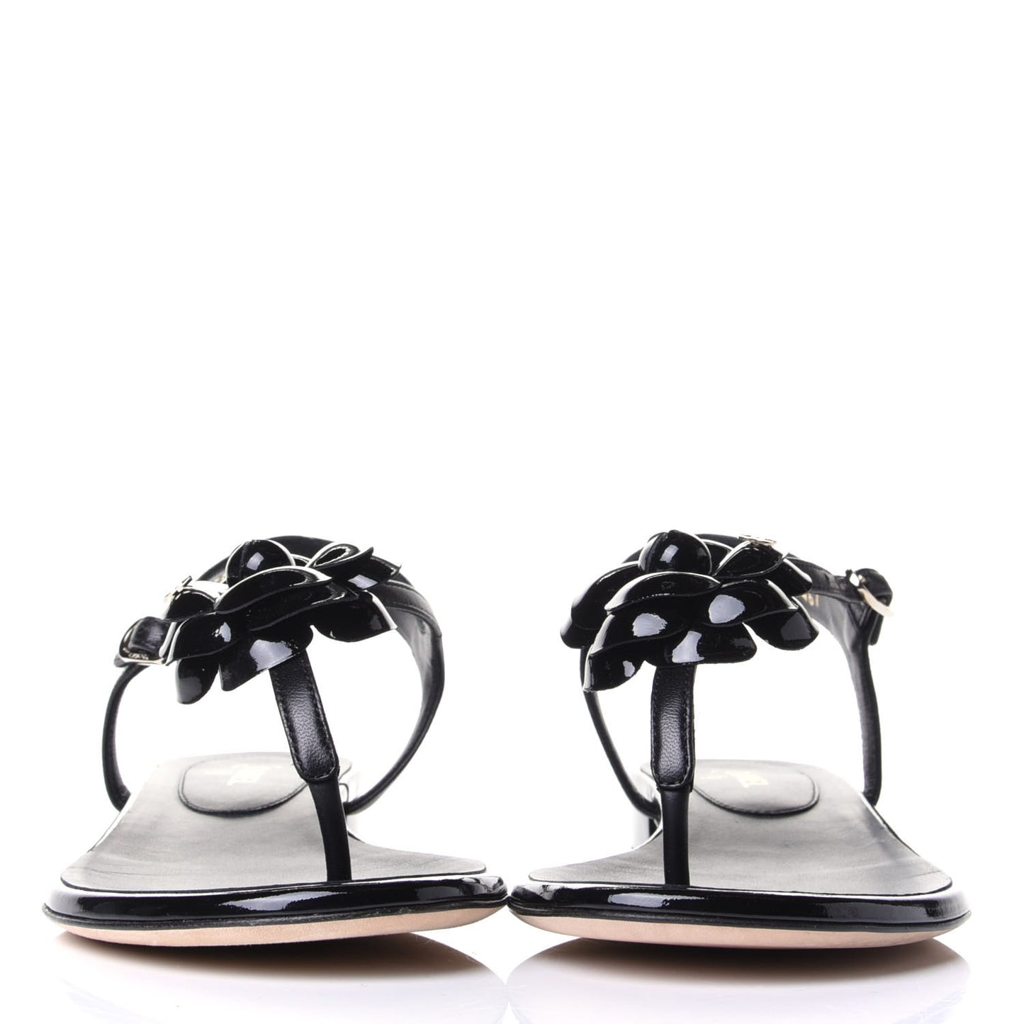 Patent Lambskin Camellia Thong Sandals 38.5 Black