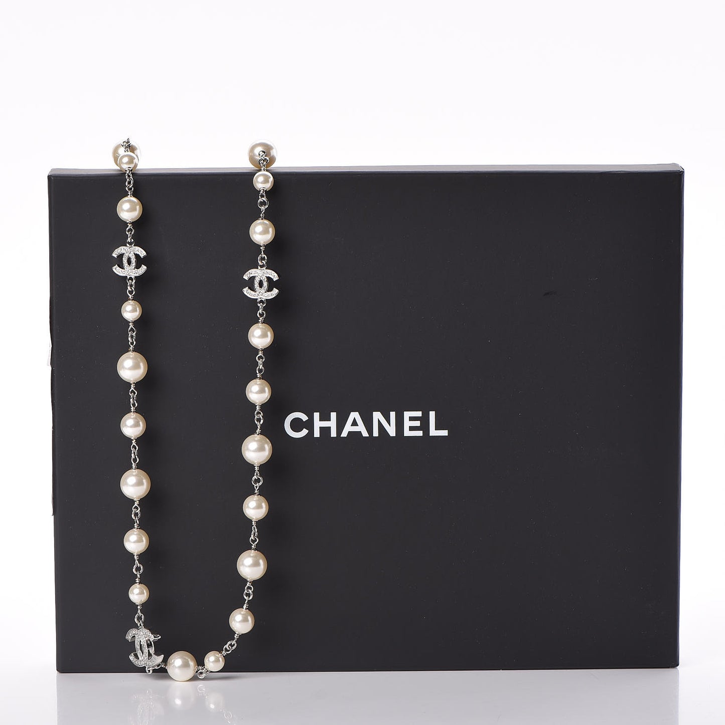 Graduated Pearl Crystal CC Long Necklace Silver Pearly White