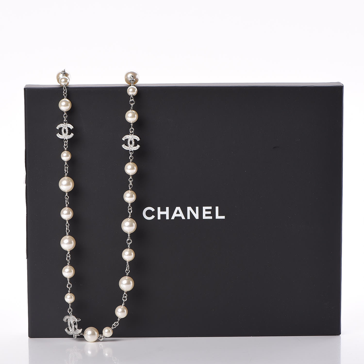 Chanel Graduated Pearl Crystal CC Long Necklace Silver Pearly White 7 of 7