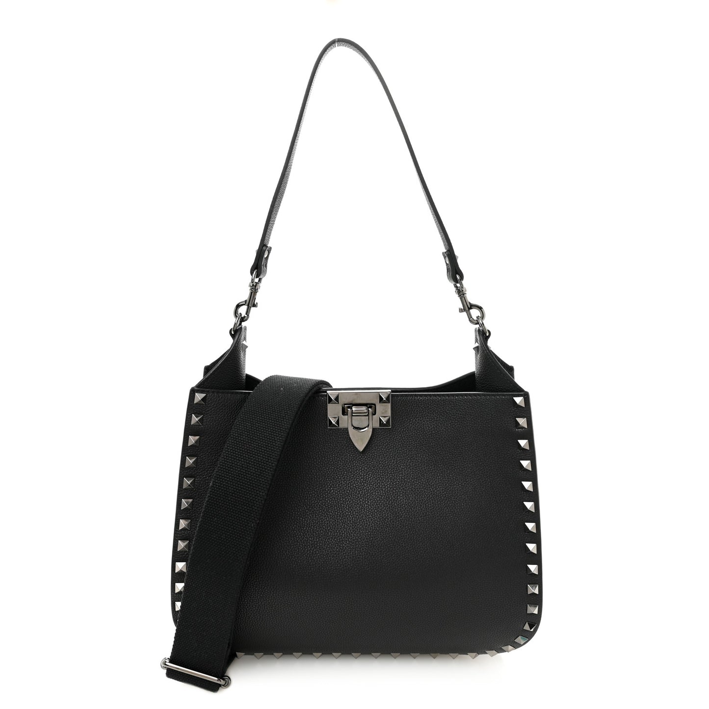 Grained Calfskin Rockstud Hobo Shoulder Bag Black
