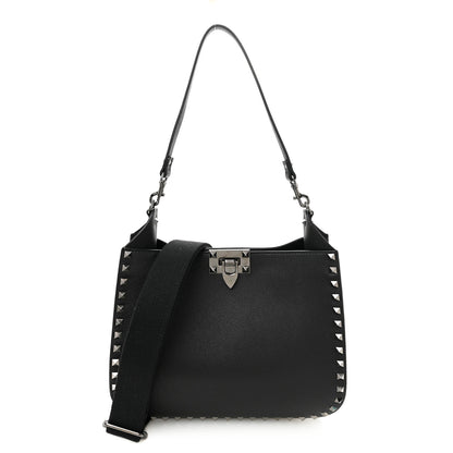 Valentino Garavani Grained Calfskin Rockstud Hobo Shoulder Bag Black 1 of 9