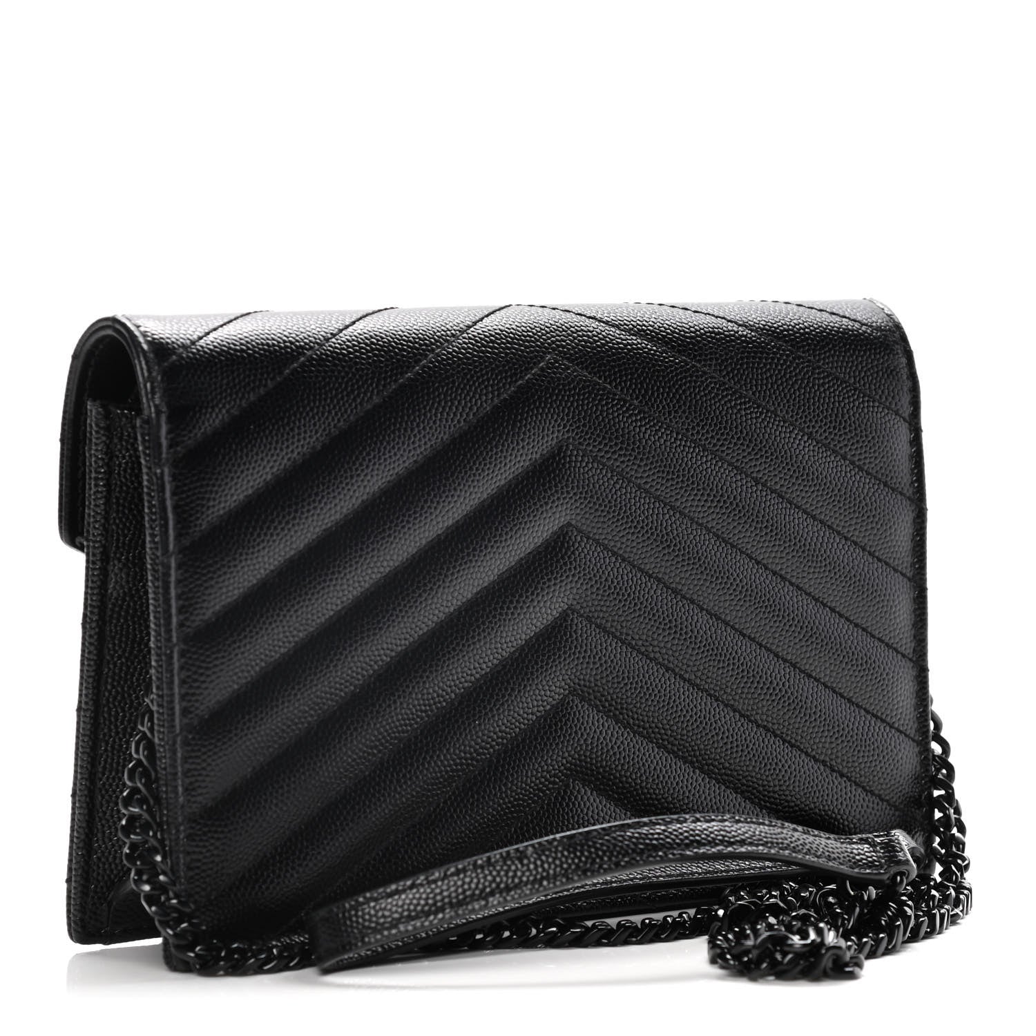 Saint Laurent Grain De Poudre Matelasse Chevron Monogram Envelope Chain Wallet Black 3 of 14