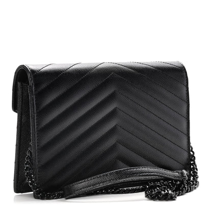 Saint Laurent Grain De Poudre Matelasse Chevron Monogram Envelope Chain Wallet Black 3 of 14