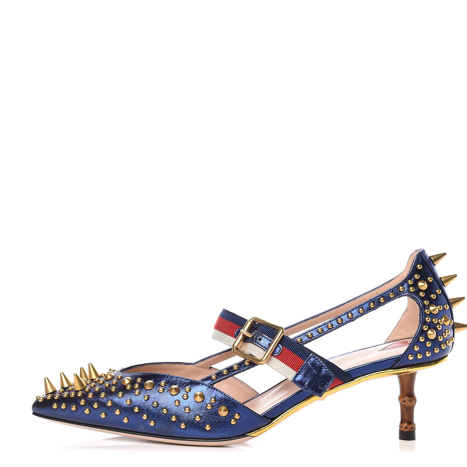 Gucci Metallic Nappa Silk Grosgrain Studded Sylvie Web Bamboo Low Heel Pumps 37 Sapphire 1 of 9