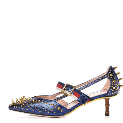 Gucci Metallic Nappa Silk Grosgrain Studded Sylvie Web Bamboo Low Heel Pumps 37 Sapphire 1 of 9