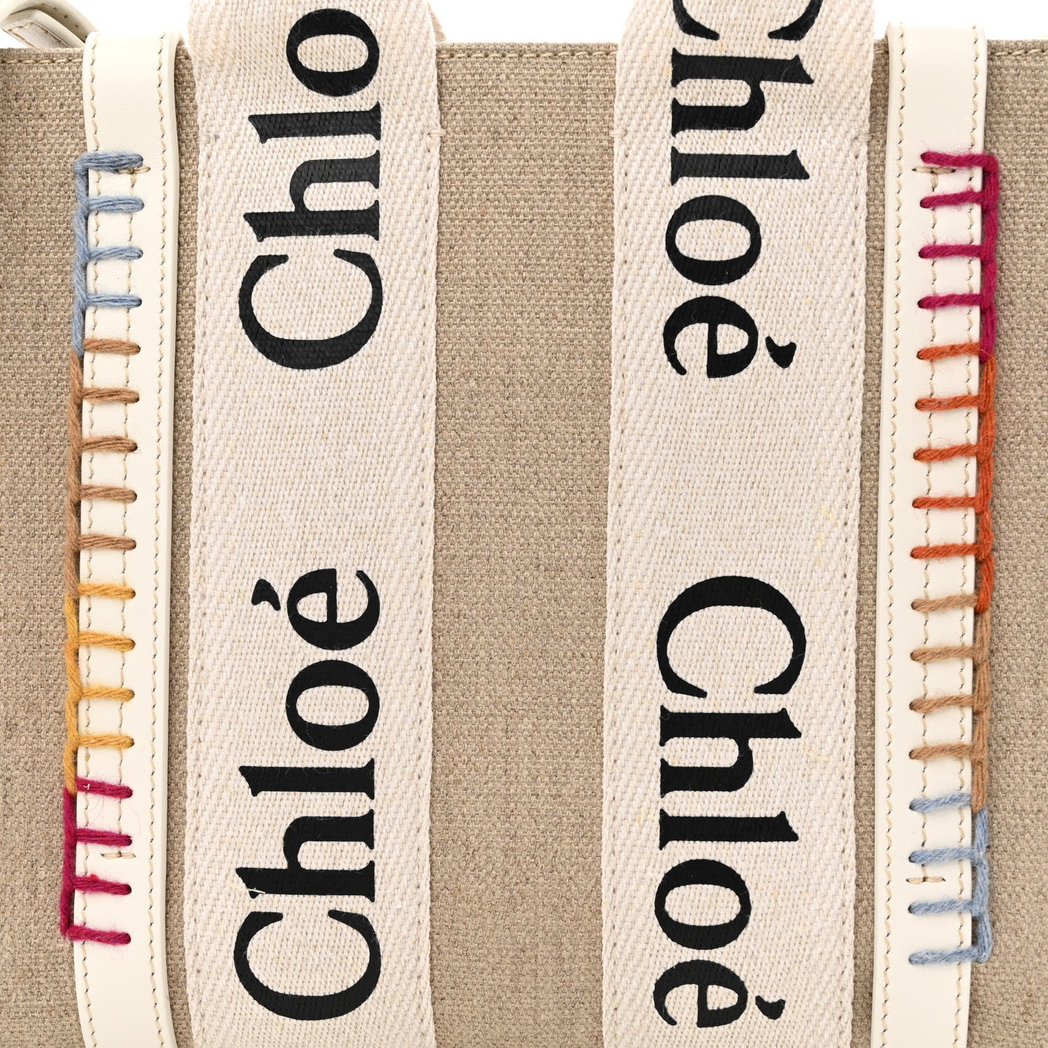 Chloe Linen Canvas Calfskin Blanket Stitched Small Woody Ribbon Tote White Multicolor 8 of 10