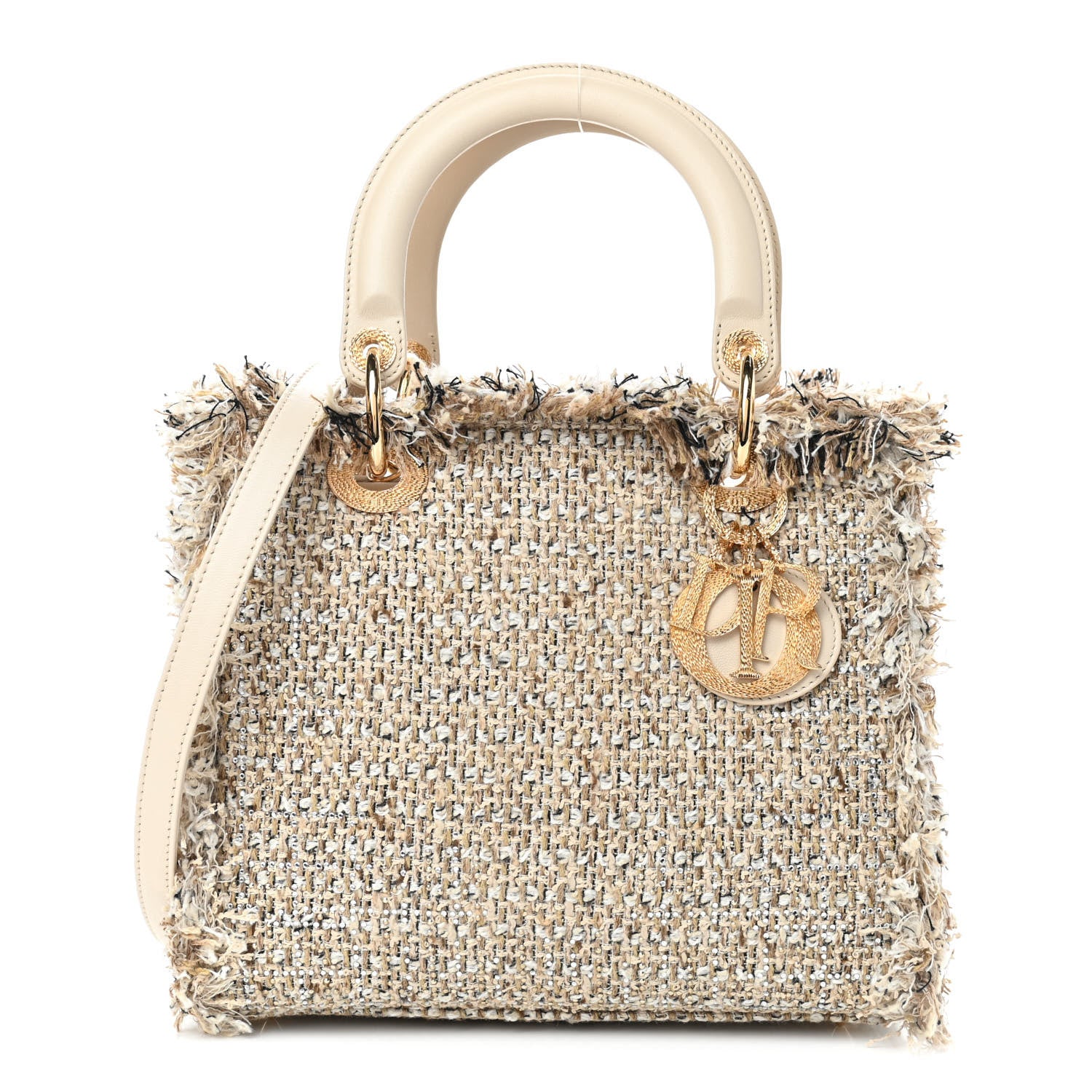 Christian Dior Tweed Crystal Fringe Medium Lady Dior Beige 1 of 9