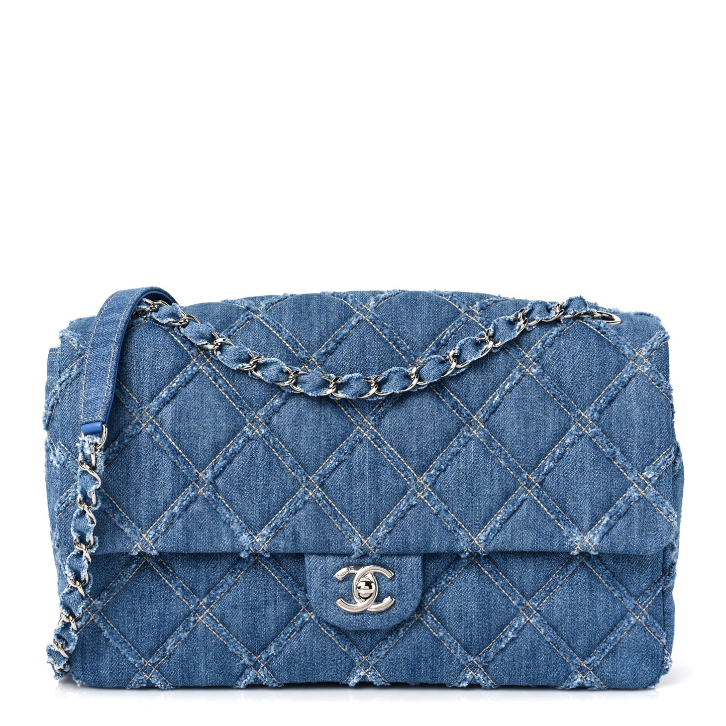 Frayed Denim Quilted Large Blue Chip Flap Blue