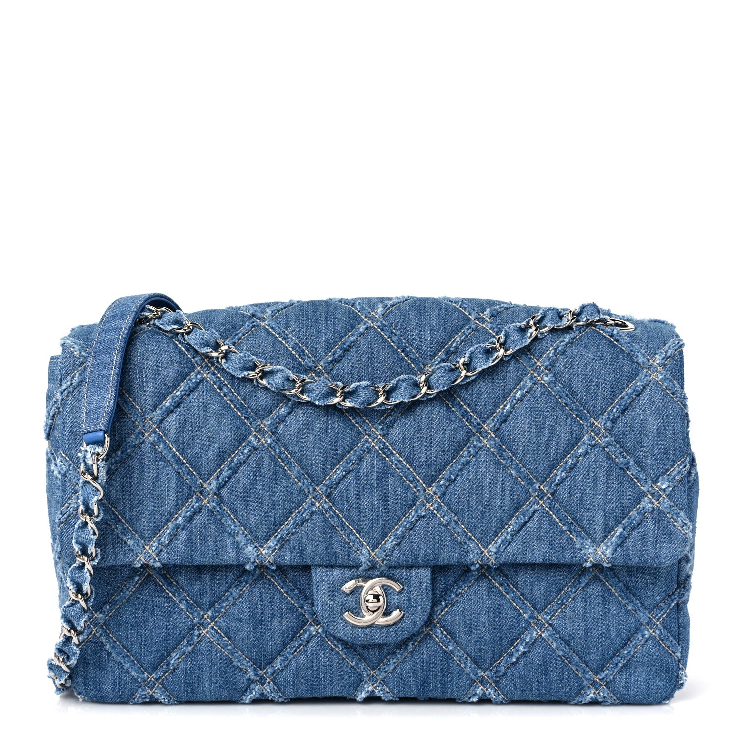 Chanel Frayed Denim Quilted Large Blue Chip Flap Blue 1 of 9