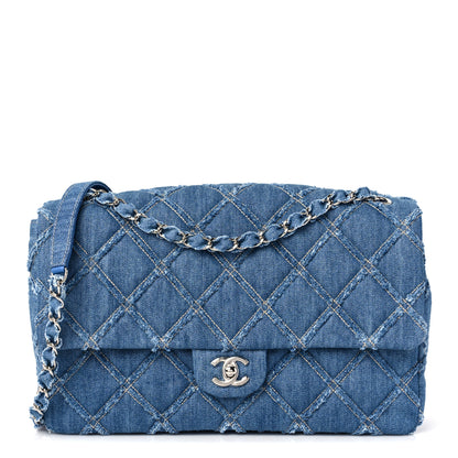 Chanel Frayed Denim Quilted Large Blue Chip Flap Blue 1 of 9
